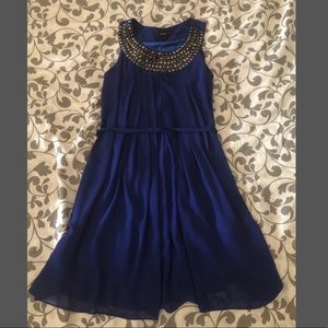 blue/purple pleated empire dress with beaded neck